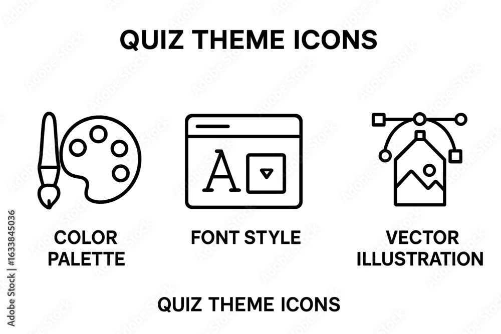 Aufkleber quiz theme customization icons set. outline style vector illustrations: color palette, font style dr