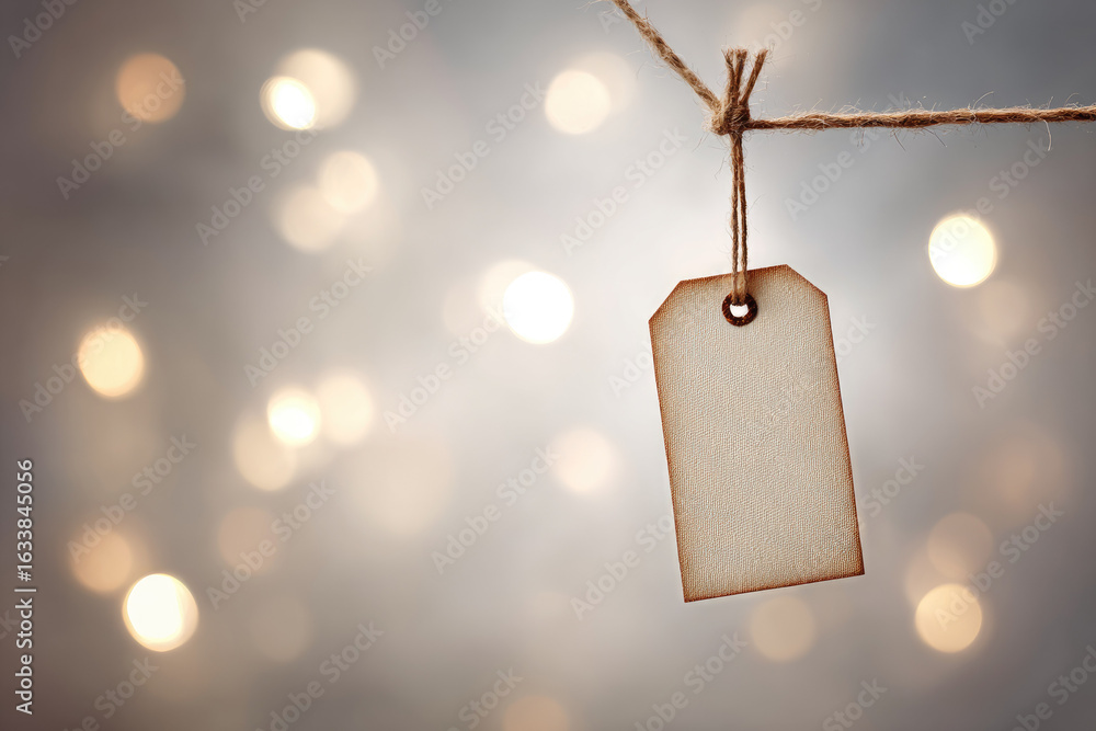 Poster elegant fabric tag floating above light background soft bokeh blank label minimalist style neutral c