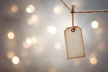 Elegant fabric tag floating above light background soft bokeh blank label minimalist style neutral color textured material hanging by string gentle and calm mood
