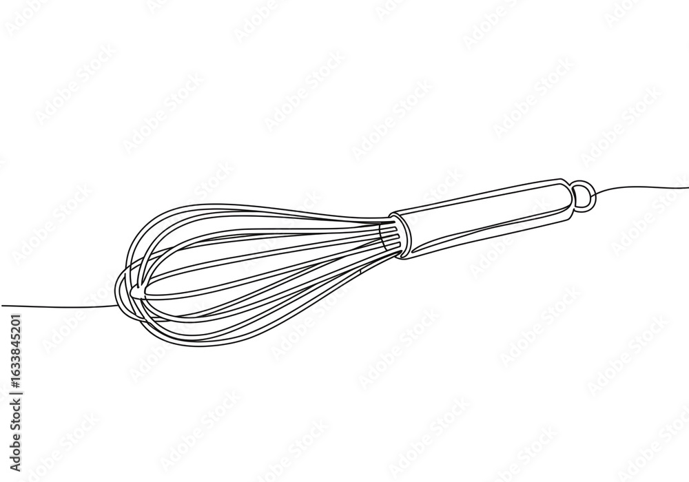 Poster a minimalistic line drawing of a whisk with a handle on a white background in monochrome art