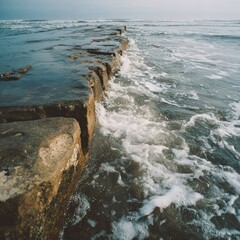 Ocean waves crash against a stone jetty extending into the sea