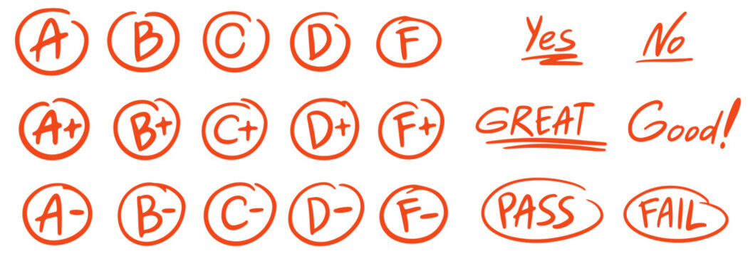 English test exam red pen mark set. School teacher test. Crayon school test results different hand drawn signs. Teacher scores of student homework. A B C D Doodle hand drawn vector illustration