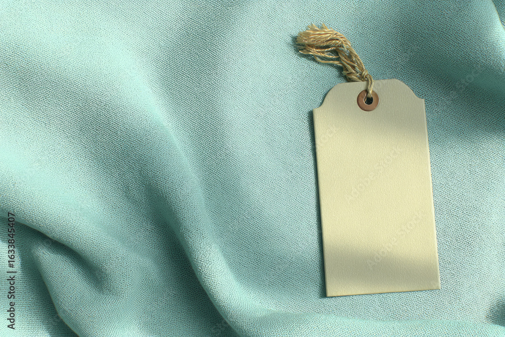 Poster elegant blank fabric tag with rope floating above soft light blue textile background, creating calm 
