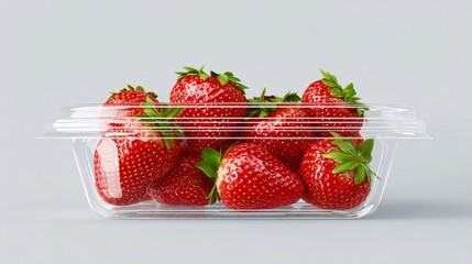 Mockup of ripe strawberries packed in a transparent plastic container featuring an empty label space.
