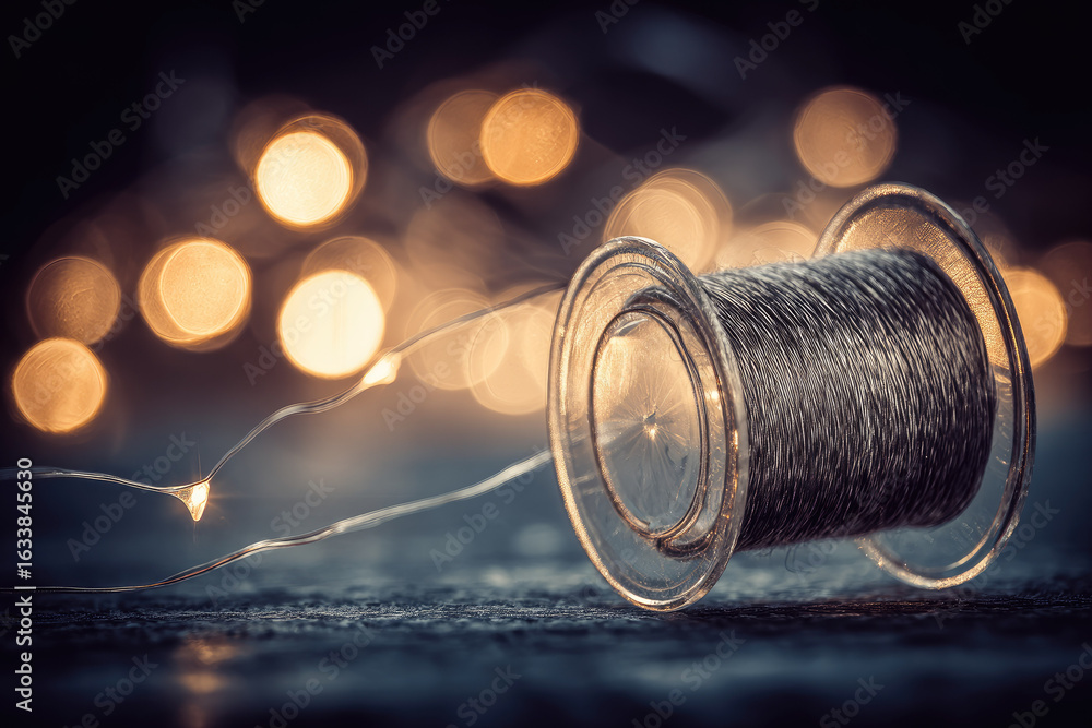 Poster spool metallic thread elegant packaging string lying open subtle ownership closeup bokeh light creat