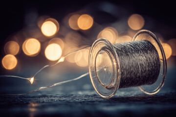Spool metallic thread elegant packaging string lying open subtle ownership closeup bokeh light create dreamy atmosphere with metallic thread spool and glowing bokeh lights in soft elegant setting