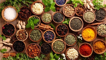 Colorful array of dried herbs and spices in small bowls