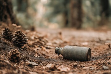 Obraz premium Abandoned Weathered Plastic Bottle Surrounded by Pine Cones on Forest Floor