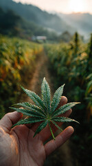 A hand holds a healthy hemp plant in a lush green field during harvest season. The background features rows of hemp plants under soft morning light.