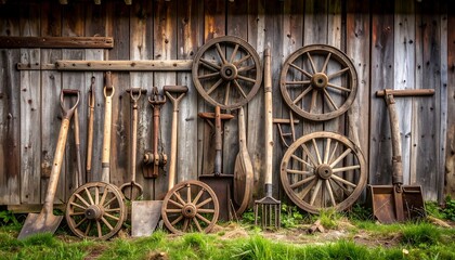 Rustic farm tools and wagon wheels on wooden wall