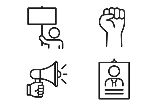 Political activism vector icons set. Protest demonstration sign, raised fist symbol, megaphone announcement, campaign poster, activism outline illustration. Social movement, support, rally outline art