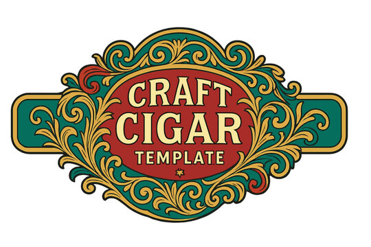 Ornate Craft Cigar Label Template Vector, Vintage Decorative Badge for Packaging, Classic Retro Emblem Design, Elegant Flourish Scroll Border, Editable Tobacco Branding Illustration