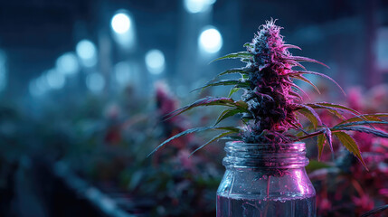 High-tech black light cannabis laboratory inspecting THC levels in marijuana plants used for alternative medicine and scientific research purposes