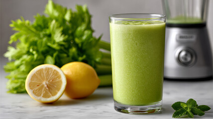 Fototapeta premium Glass of green smoothie with celery and lemon on a countertop.
