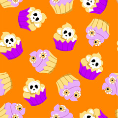 Halloween cupcakes seamless pattern. Vector Halloween repeat print with cute little cake, skulls, bones and zombie eyes on orange background. Funny texture for fabric, decoration, wrapping, backdrop.