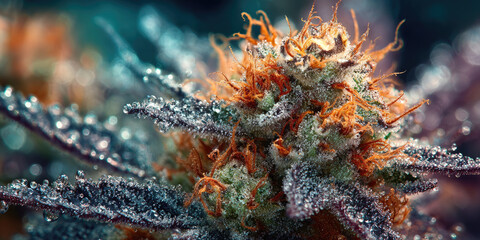 Extreme close-up of cannabis bud with visible crystal trichomes and resin texture, showcasing high-quality cultivation and potent harvest characteristics