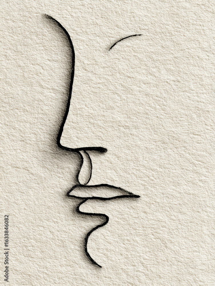 Poster monochrome minimalist face line drawing on cream textured background with open upper zone showcasing