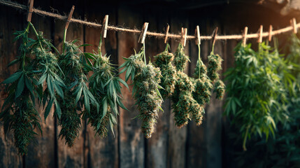 Hemp plants hang from a wooden structure, drying in a dimly lit environment. The ground is covered with fallen leaves and debris, creating a rustic atmosphere.