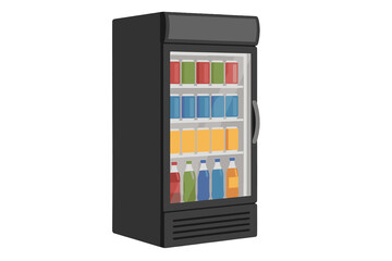 Commercial Drinks Refrigerator Showcase Vector Illustration. Beverage Cooler with Glass Door. Variety of Bottled and Canned Drinks. Supermarket, Store, Caf&eacute; Equipment. Isolated Side and Front View