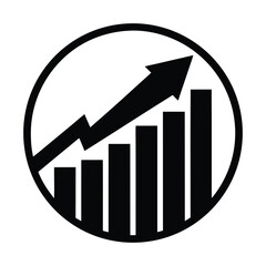 Black graphic bar chart with upward trending arrow inside circle growth increase