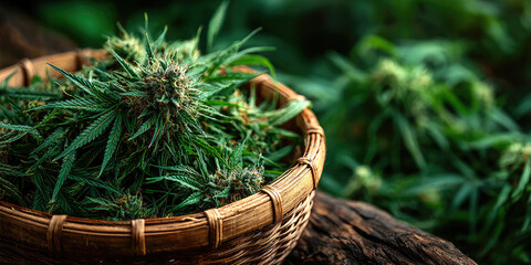 Freshly harvested cannabis buds in close-up view, placed in a basket with vivid green hues and visible trichomes, prepared for the natural drying stage after cultivation