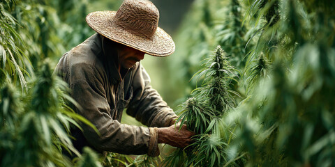 A man harvests hemp plants in a field. He wears a straw hat and a brown jacket. The plants are tall and green, showcasing the hemp's dense foliage.