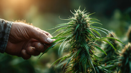 A hand holds a healthy hemp plant in a lush green field during harvest season. The background features rows of hemp plants under soft morning light.