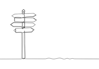 A single continuous line drawing of a signpost with arrows on a white background design art