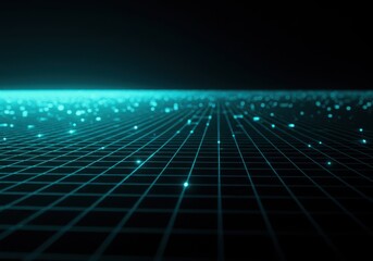 Abstract glowing blue digital grid network with particles on dark futuristic background