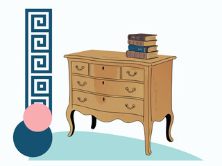 Vintage Wooden Dresser with Books and Geometric Decor antique furniture