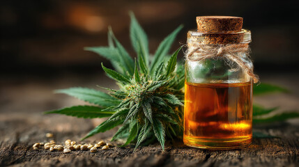CBD THC oil bottle with hemp leaf and cannabis buds . Medical marijuana concept for natural pain relief, stress treatment, and alternative herbal therapy.