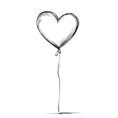 A simple sketch of a heart shaped balloon with a string on a white background in a minimalist style