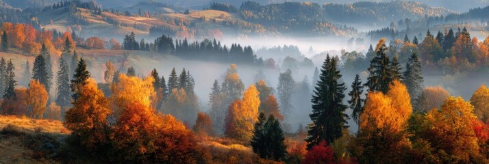 Autumn Landscape Showcasing Vibrant Foliage and Misty Hills During Early Morning Light