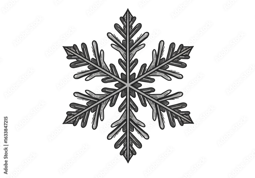 Aufkleber a detailed grayscale drawing of a symmetrical snowflake with intricate patterns and designs