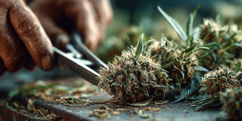 Worker in medical gloves delicately trimming fresh cannabis buds under natural sunlight on an organic farm, emphasizing quality harvesting and eco-friendly cultivation practices