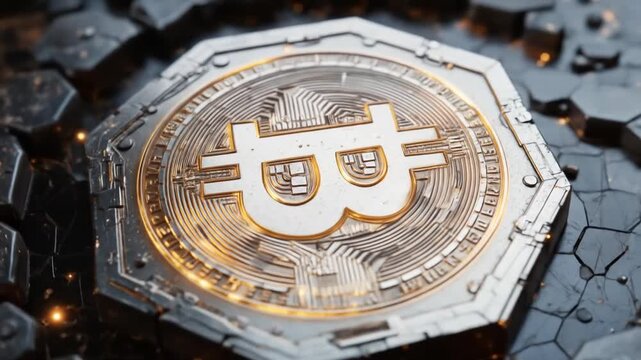 The Bitcoin icon is engraved on a metal hexagonal base background. The cryptocurrency symbol glows on an abstract digital surface. 4k video