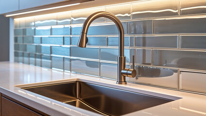 Modern kitchen interior with a stainless steel sink and stylish faucet.