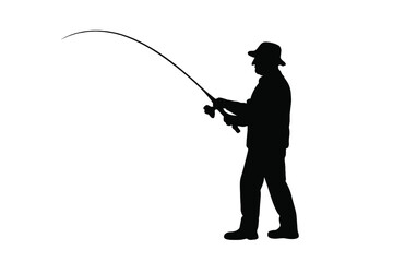 Obraz premium Silhouette of Adult Man Fishing with Rod and Reel, Angler Casting Line, Fisherman in Hat Leisure Activity, Black Vector Isolated Figure, Recreational Fishing Sportsman Outdoors