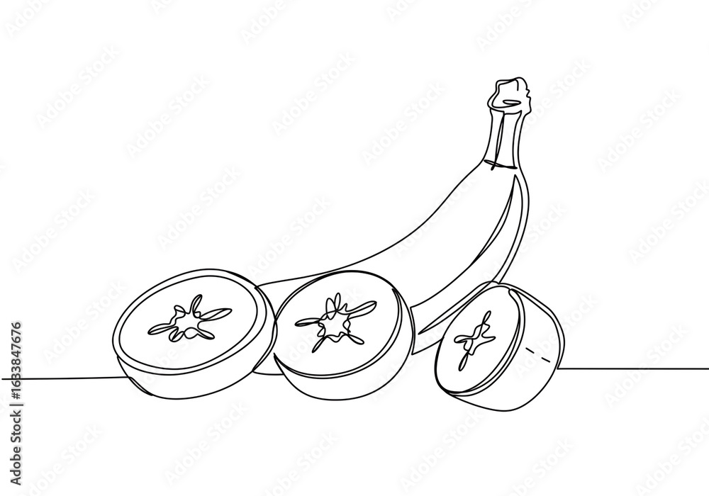 Poster a minimalist line drawing of a banana with three kiwi slices on a white background plain style