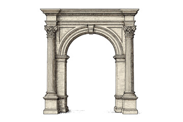 Fototapeta premium Classical Roman Stone Arch Vector Illustration with Corinthian Columns and Engraved Details, Ancient Architecture Monument, Historic Gate Outline, Heritage Archway Isolated Drawing