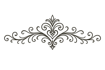Elegant flourish ornate header. Decorative vintage calligraphic divider. Swirl ornament border decoration. Retro filigree vector element. Classic scroll black line art on transparent background