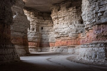 Inner cavern, layered rock walls, light filtering