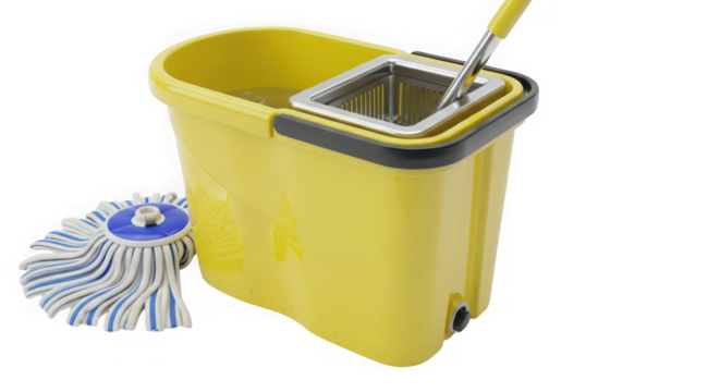 Yellow spin mop bucket with detachable mop head