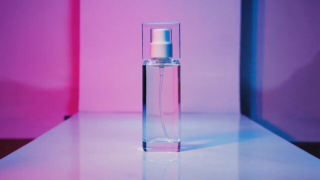 A clear rectangular perfume bottle with a white cap, set against a backdrop of vibrant pink and blue hues