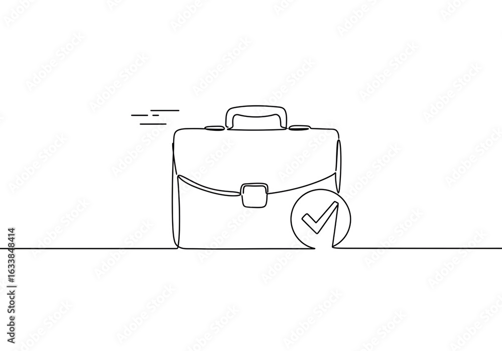 Poster a single line drawing of a briefcase with a check mark indicating a completed task on white