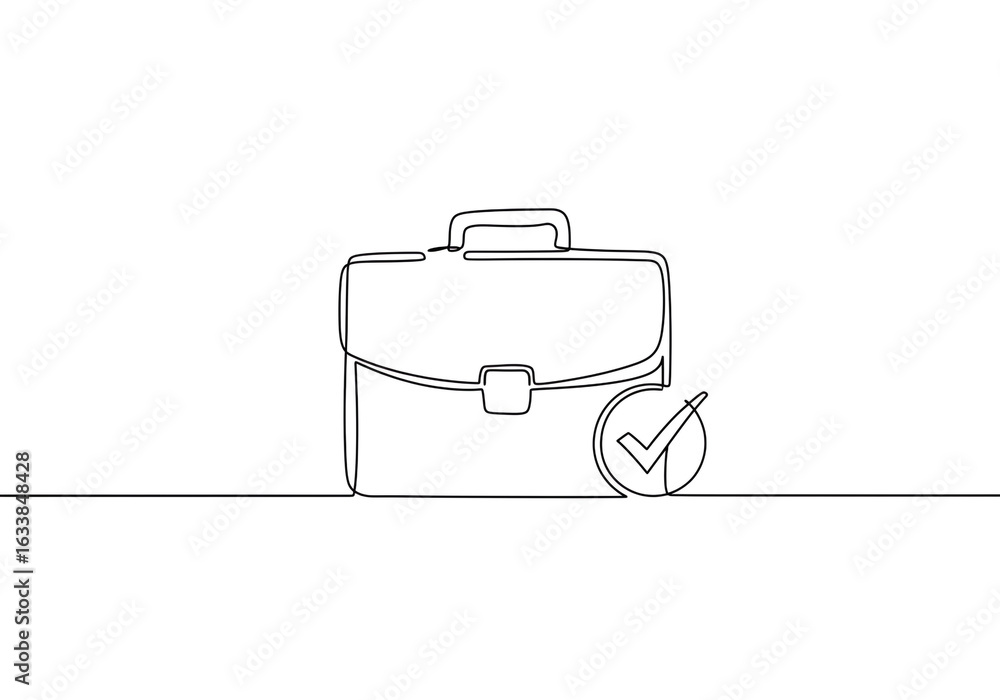 Poster a single line drawing of a briefcase with a checkmark next to it on a white background art