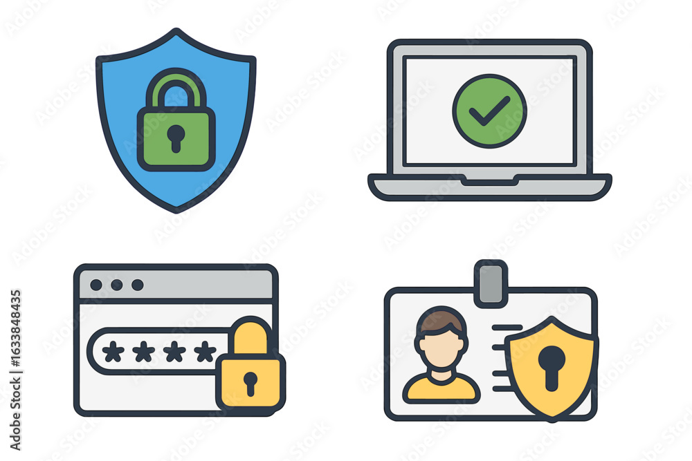 Poster cybersecurity data protection icons set. secure online access, password lock, identity verification,