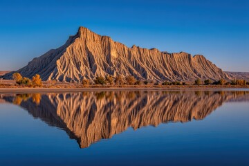 Dramatic sandstone cliff face reflected in calm water at dawn