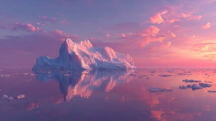Serene sunset over a large iceberg and calm waters, reflecting the vibrant sky