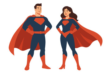 Dynamic male and female superhero couple standing side by side in matching blue and red costumes with capes, power pose, teamwork, partnership, equality, modern comic book style illustration